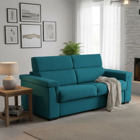 Divano Letto 3 Posti Benedetto, Sfoderabile, Contenitore Made in Italy, Lavabile, 225x95 cm Azzurro (1/5)