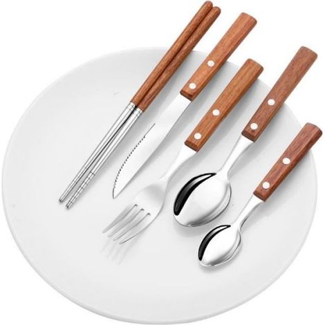 Besteckset mit Holzgriffen, hochwertiger Edelstahl 18/8 (304), 5-teilig (1/5)