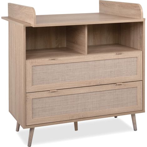 Commode à langer bébé 2 tiroirs en bois naturel effet cannage - CO7085