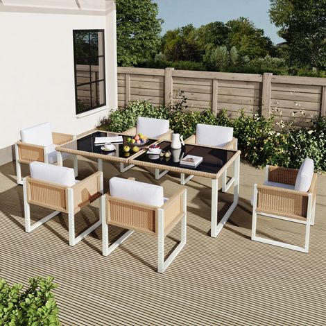 Seyakany - Ensemble de table à manger extérieur 180x75x90 cm - 6 chaises, verre trempé, PE-Rattan, cadre en acier - Brun/Blanc/Noir (1/5)