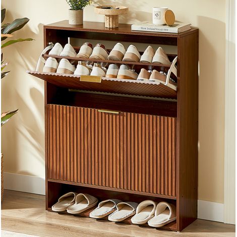 Meuble à chaussures 80 x 24 x 102 cm avec étagères réglables, effet noyer, HAVRYA (1/5)