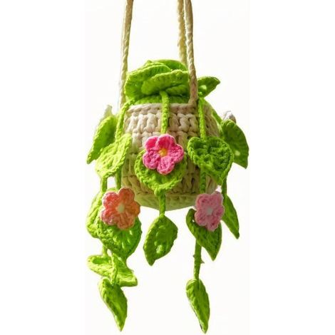 Ornements de voiture, jolis pendentifs de rétroviseur en forme de plante au crochet, tricot fait main, pendentifs pour miroir, décorations intérieures de voiture, ornements de jardinage, fleurs roses (1/5)