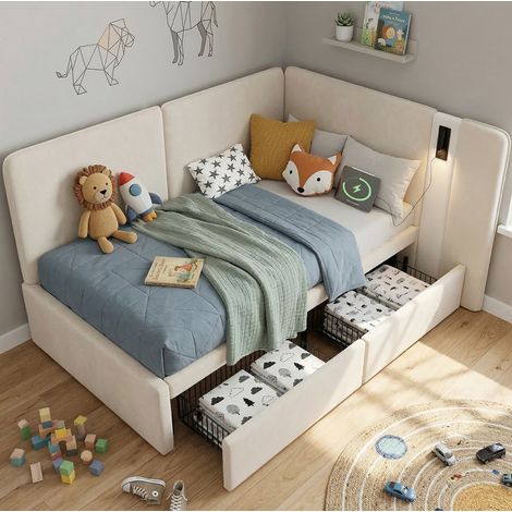 lit adulte rangement 90x200 velours beige liseuse USB OKMYHOME (1/5)