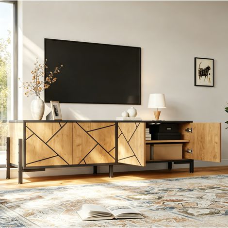 Meuble TV 153x40x50 cm naturel en MDF avec 4 portes, design géométrique, 6 pieds métalliques et grand rangement (1/5)