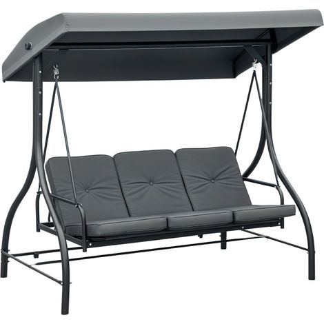 Balançoire de jardin trois places 2-en-1 convertible lit, au cadre métallique et au toit ajustable, couleur gris foncé