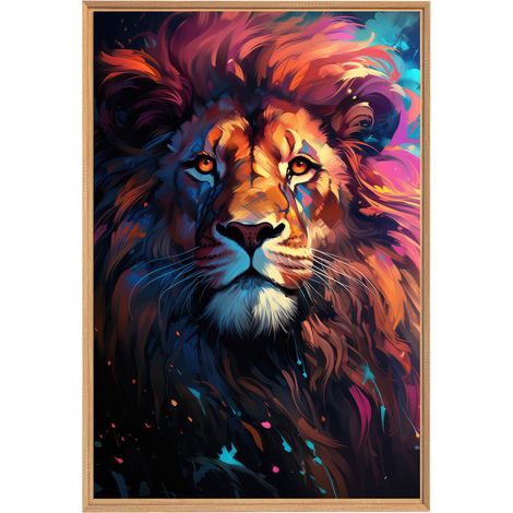Tableau mural encadré lion vibrant 65x97 cm - Tableau Mural Décoratif - Image Encadrée Imprimée en HD - Impression 65x97 cm sur Fibres de Bois FSC - Finition Mate - Fabriqué en France (1/5)