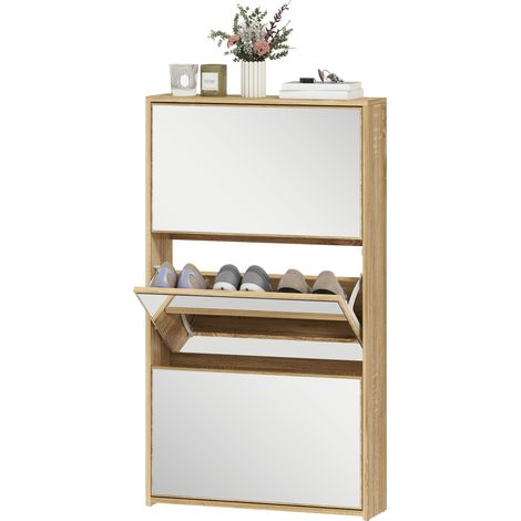 Meuble à chaussures d'entrée 3 portes avec miroir, étagère à chaussures étroite 9 paires, 65x17x114,5 cm, naturel