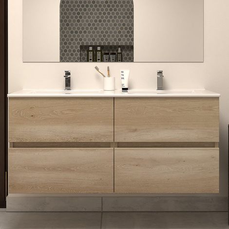 Meuble de salle de bain 140cm double vasque - 4 tiroirs - sans miroir - nebraska (chêne clair) - IDA