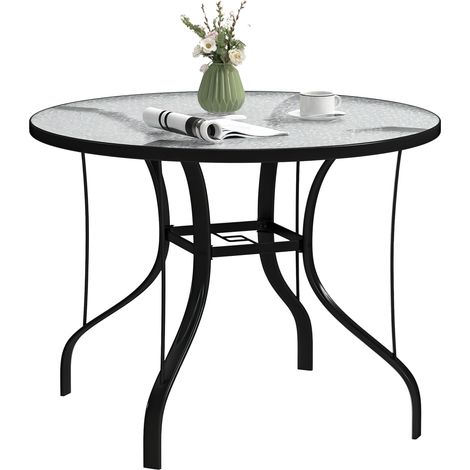 Runder Gartentisch mit Schirmloch, aus Metall und Sicherheitsglas, Ø 96,5 x 71 cm, Schwarz