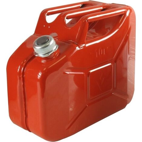 Bidón metálico de 10 litros. Pintura exterior en polvo de color rojo. Tratamiento interior anticorrosivo y resistente a