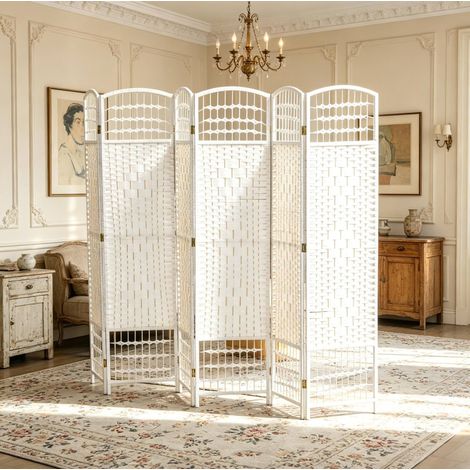 Paravent pliable 242x40x170 cm en papier et bois blanc, 6 panneaux, gain de place – MEUBLIV (1/5)