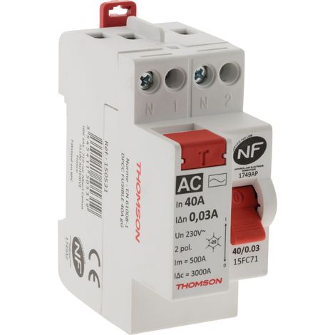 Thomson – Interrupteur différentiel à vis 40A type AC – Tension 230V/50Hz – Courant résiduel 30mA – Branchement avec peignes standards