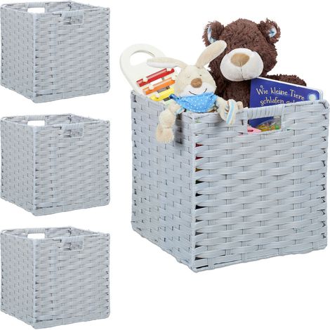 Relaxdays Set of 4 Storage Baskets, Square PP Bathroom Organiser Box, Wicker-Look Shelf Bin, 31 x 32 x 30 cm, Grey