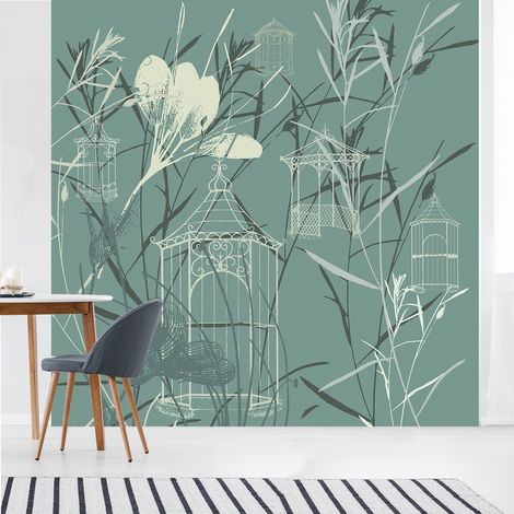 Papier peint intissé motifs kiosques champêtre, 250 cm X 250 cm, panoramique, verdure tournoyante (1/2)