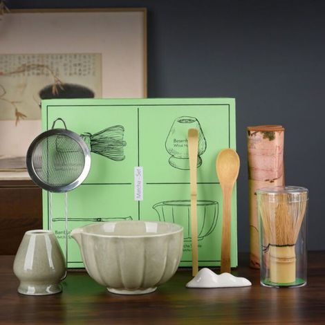 Coffret Matcha - 8 Pièces Cérémonie Japonaise - Bol Céramique Fouet Bambou Cuillère Torchon Support - 1 Set (1/5)