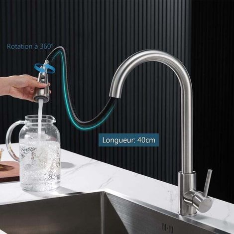 Robinet de cuisine extractible, robinet mitigeur de cuisine en acier inoxydable 304, robinet d'évier pivotant à 360 ° avec bec haut et réglage à 3 voies, finition brossée, disponible avec eau chaude e (1/3)