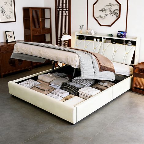 CJHXE Cama tapizada de 140 x 200 cm con iluminación LED, cama funcional hidráulica con compartimento portaobjetos, estructura de cama doble con cabecero LED equipado con puerto USB y Type-C