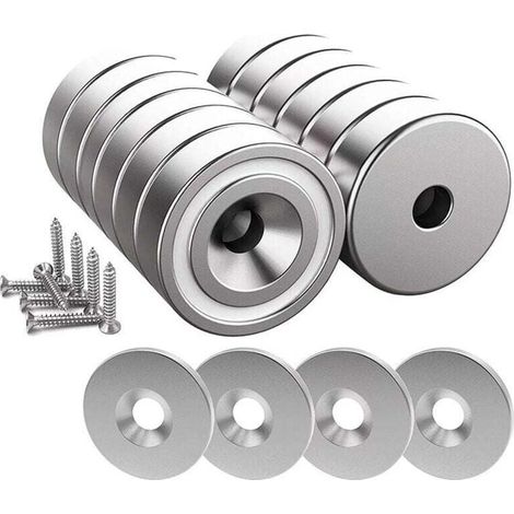 12 Neodym-Magnete, 10 kg Stärke, 20 x 7 mm, mit Loch und Kapsel, Senkkopfmagnet mit Schraube und 12 Stahlscheiben (hellsilber)