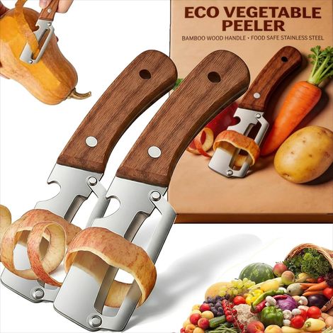 Lot de 2 économes multifonctionnels pour cuisine, manche bois et ouvre-bouteille, lame acier inoxydable, outil de cuisine polyvalent (1/5)