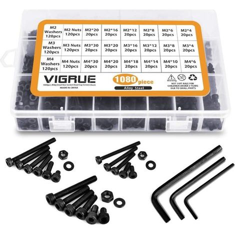 1080 Pièces M2 M3 M4 Boulons À Vis En Acier Au Carbone Écrous Et Rondelles Kit D'assortiment De Avec Boîte De Rangement Plat (1080 Pièces) (1/5)