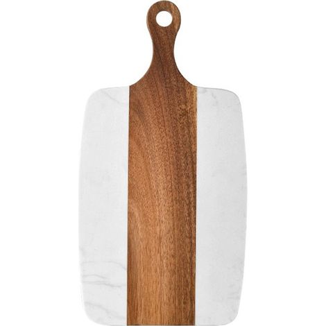 Planche à découper ménager en marbre et acacia, idéale pour la découpe de steaks, de fromages et de fruits. Disponible en gros (35 x 18,5 cm, blanche, forme irrégulière). (1/5)