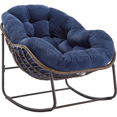 Sillón mecedora de ratán sintético para exterior con cojín acolchado azul marino 78x106x90 cm HOMVRA (1/5)