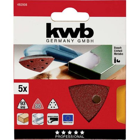 KWB lija triangulo 93x93 mm grano 80 49492808 , Lija triangular 93 × 93 mm grano 80 49492808 (5 uds.), diseñada para trabajos de lijado intermedio y preparación de superficies, ofr (1/3)