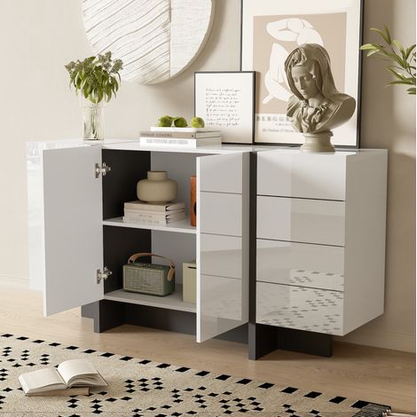 Buffet en MDF et panneaux de particules blanc brillant et noir, 150 x 40 x 80,5 cm, 2 portes et 4 tiroirs (1/5)