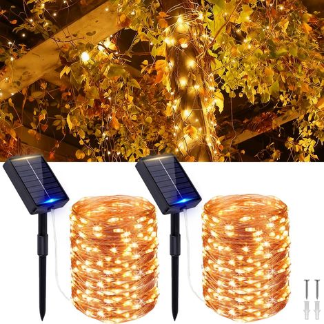 Guirlande lumineuse solaire d'extérieur - 2 x 20 m - 200 LED - 8 modes et fonction mémoire - Fil de cuivre - Étanche IP65 - Pour jardin, cour, balcon - Blanc chaud (1/5)