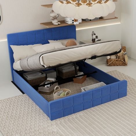 Cama Azul 160x200 cm en flanela, cabecero acolchado, diseño moderno (1/5)