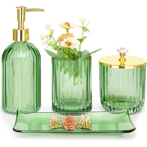 Ensemble d'accessoires de Salle de Bain en Verre Vert avec Distributeur de Savon, Porte-Brosse à Dents, Pot d'apothicaire, Plateau de Coiffeuse, décoration de Salle de Bain, Cadeau pour Maison (1/5)