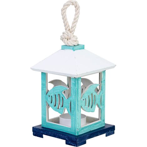 Portavelas colgante de madera con peces azul 10x10x23h cm
