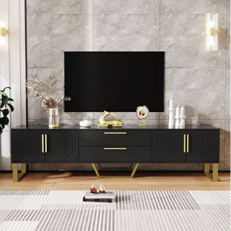 Mueble TV Portes talladas acabado alto brillo compartimentos organizadores MDF 170x40x53.5cm color negro (1/5)