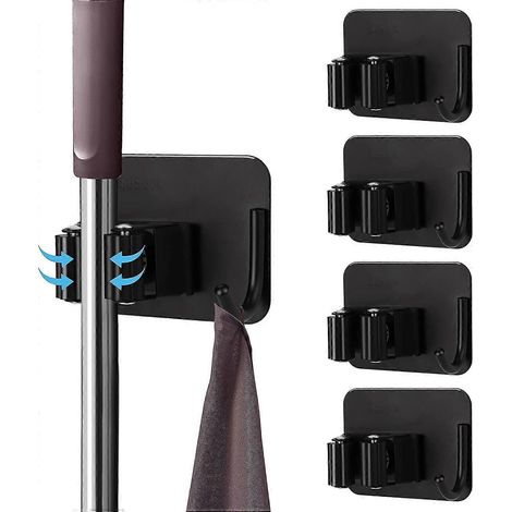 Support à balai, support à serpillière auto-adhésif en acier inoxydable en 4 pièces, étagère de rangement murale avec crochets, convient aux salles de bains, cuisines, jardins et autres endroits. (1/5)