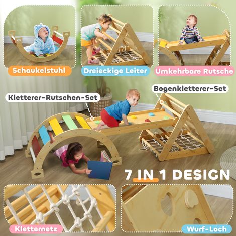 Structure d'escalade intérieure 7-en-1 avec toboggan et arche, triangle d’escalade multicolore pour jeu actif (1/4)