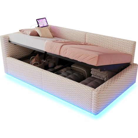 Lit capitonné 90x200 cm avec éclairage led ports usb et usb c tête de lit en l rembourrée coffre hydraulique, tissu velours doux, bois métal, beige (1/5)