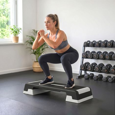 Planche de step réglable en hauteur, appareil de fitness aérobique à 3 niveaux (15/20/25 cm), tapis antidérapant, noir et gris (1/5)