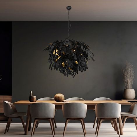 Deckenlampe Wohnzimmerlampe Blätterleuchte schwarz Hängeleuchte Schlafzimmerlampe schwarz, gold, Metall, 4x E14 Fassungen, DxH 70x150 cm