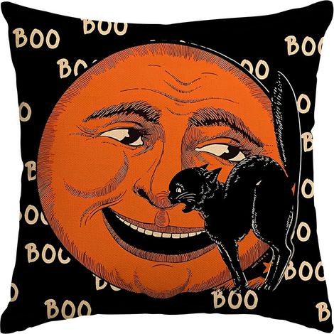 Lot de 2 housses de coussin décoratives pour Halloween, imprimé chat rigolo et visage rond, taies d'oreiller en lin noir à motif toile d'araignée, décoration d'intérieur effrayante (1/5)