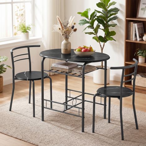 Ensemble de salle à manger 3 pièces, table et chaises pour 2 personnes avec étagère, aspect marbre noir, pour salon. (1/4)
