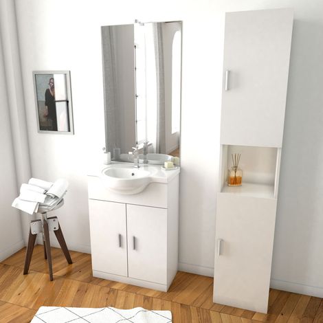Set da bagno bianco 60 cm + lavabo in ceramica bianca + specchio LED + colonna con 2 ante