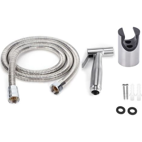 Lot de 3 pièces pommeau de douchette WC en acier inoxydable avec flexible et support, kit lavage toilettes G1/2in (1/5)