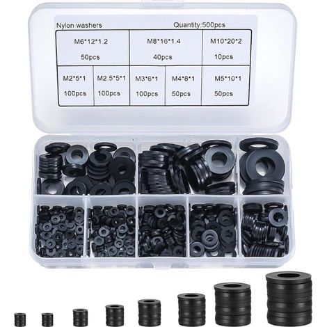 500 Pièces Rondelles Plates Nylon Noir, Rondelles Plates Isolation Rond Joint Spacer Joint Plomberie Assortiment Kit- M2/M2.5/M3/M4/M5/M6/M8/M10