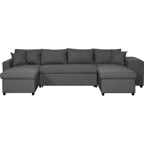 Canapé d'angle panoramique OSLO convertible avec coffres et poufs à droite en tissu - Gris foncé (1/5)