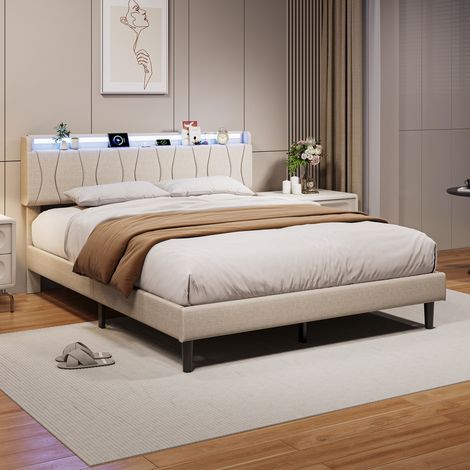 Lit 140x200 Double pour Adultes, lit deux personnes, lit capitonné, Lit rembourré 2 places en lin, beige, MDF, sans matelas, avec LED et 1Type C/2USB (1/5)