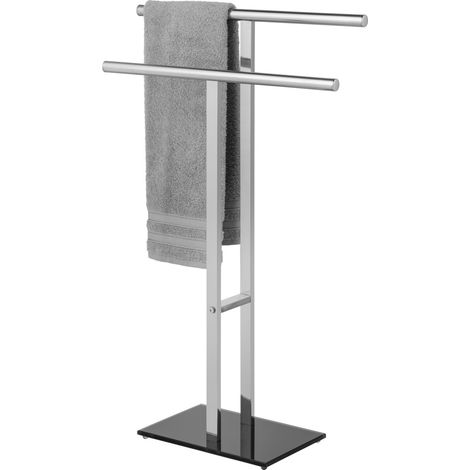 WENKO Stand Handtuchhalter T-Form Lava, Glänzender Edelstahl mit schwerer Glasplatte, Silber glänzend, Edelstahl rostfrei glänzend, Gehärtetes Glas schwarz (1/4)