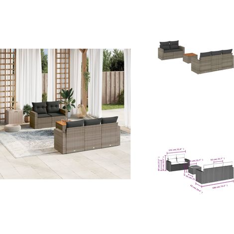 The Living Store Salon de jardin 6 pcs avec coussins gris résine tressée - Canapé avec accoudoirs (1/3)