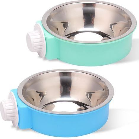 Lot de 2 gamelles 2 en 1 en acier inoxydable à suspendre pour animal domestique avec couvercle en plastique amovible, bol de nourriture et d'eau antirouille pour chiot, chat, petits animaux (1/5)