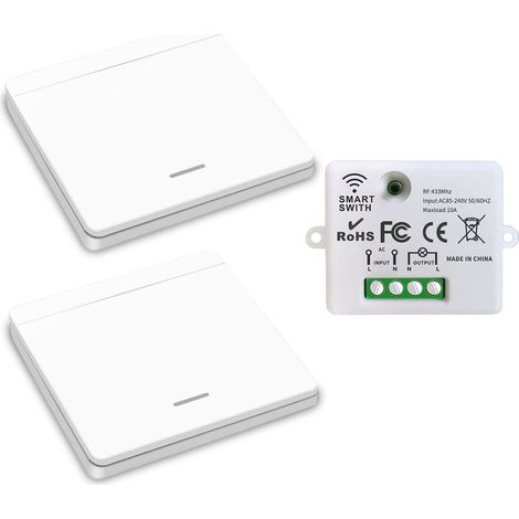 Interrupteur d'éclairage sans fil, interrupteur de sécurité de l'émetteur RF et contrôleur de récepteur 10A, installation facile pour lampe jusqu'à 1500W(1 récepteur et 2 commutateurs) (1/5)
