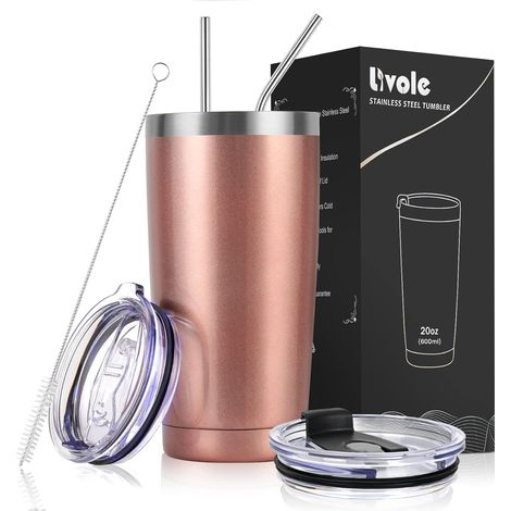 Insulated Mug Reusable 20OZ 550ml, Travel Mug Thermos Double Wall Vacuum Coffee Cup 18/8 304 Stainless Steel, 2 Splash Proof Lids, 2 Straws, BPA Free, Rose Gold (1/5)